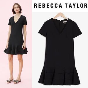 Rebecca Taylor Stretch Texture Scallop V-Neck Mini Drop Waist Ruffle Dress Black